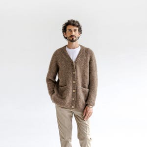 Men's Knitted Beige Alpaca Wool Cardigan, Light Brown Knit Sweater For Man, Handmade  Almond Jacket With Buttons And Pockets, Taupe Sweater