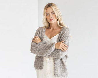 Gray Alpaca Wool Cardigan, Grey Cable Knit Lightweight Sweater, Slightly Oversized Minimalist Classy Women Gilet, Wedding Knitted Jacket