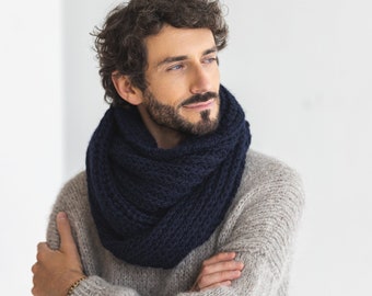 Navy blue super chunky knit alpaca wool men's cowl scarf, infinity loop cable knitted neck warmer for man, dark blue scarves for men, gift