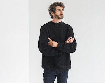 Men's knitted black alpaca wool sweater, camel cable knit jumper for man, minimalist men pullover, gift for him, hand made thick winter pull