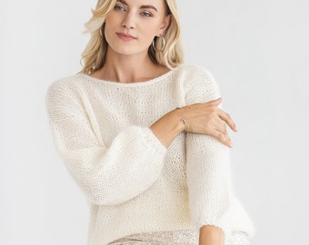 Pull moelleux en mohair blanc, pull en laine d'alpaga mélangée ivoire, pull en tricot torsadé duveteux, pull de mariée épais légèrement surdimensionné