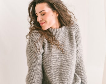 Light Gray Cable Knit Sweater, Relaxed Fit Jumper, Grey Alpaca Pullover, Chunky Knit Wool Sweater, Knitted Jumper, Oversized Woman Sweater