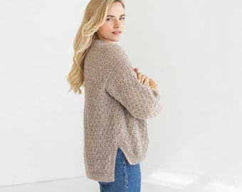 Beige mohair knitted fluffy sweater, wide sleeves, camel pastel longer back alpaca wool jumper, fuzzy thick oversized cable knit pullover
