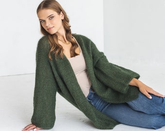 Green cable knit kimono mohair cardigan, oversized fluffy alpaca wool blend chunky knitted sweater, wide sleeves thick fuzzy jacket, gift