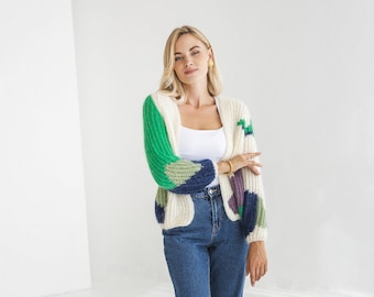 White mohair hand knit cardigan, cable knitted alpaca wool sweater, oversized purple coloured fluffy bomber, green fuzzy chunky strickjacke