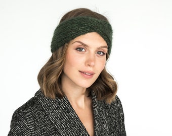 Green knitted headband, winter ear warmer, mohair turban, gifts for women, winter accessories, soft earmuff, winter gift, wool headband