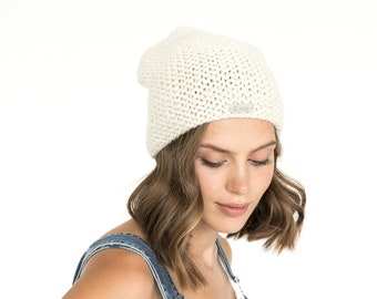 White slouchy beanie, warm knit hat, wool and alpaca beanie, cable knit hat, gift for women, winter hat