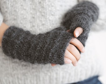 Gray mohair fingerless gloves, grey cable knit mittens, dark gray hand warmers, alpaca wool fingerless winter wrist warmers, long mittens