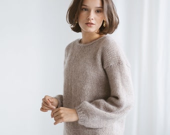 Beige mohair knitted thick sweater, camel alpaca wool blend jumper, taupe fuzzy cable knit pullover, creamy fluffy slightly oversized pull