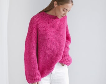 Pink Oversized Sweater, Cerise Red Knitted Jumper, Rose Pink Cable Knit Alpaca Wool Pullover, Magenta Chunky Knit Women Jersey, Gift For Her