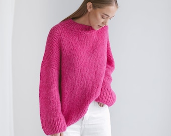 Pink Oversized Sweater, Cerise Red Knitted Jumper, Rose Pink Cable Knit Alpaca Wool Pullover, Magenta Chunky Knit Women Jersey, Gift For Her