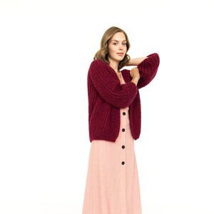 Burgundy color mohair cardigan, cable knit alpaca sweater, chunky knit alpaca cardigan, oversize mohair wool sweater, gift for women image 2