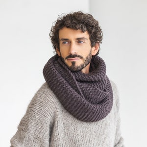 Chocolate brown super chunky knit alpaca wool men's cowl scarf, infinity loop cable knitted neck warmer for man, handmade scarves for men