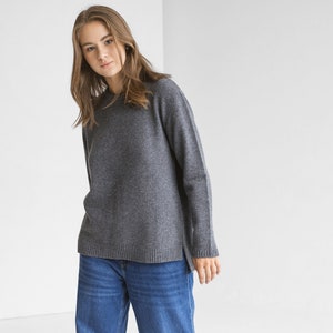 Gray knitted merino wool and cashmere sweater for women, grey women's knit minimalist pullover with longer back,classy minimal beige jumper