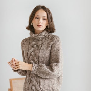 Chunky knit camel beige turtleneck alpaca wool sweater, brown cable knitted women&#39;s pullover, taupe roll neck hand made jumper with braid