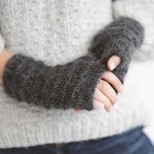 Gray mohair fingerless gloves, grey cable knit mittens, dark gray hand warmers, alpaca wool fingerless winter wrist warmers, long mittens image 1