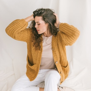 Yellow Cardigan With Deep Pockets, Soft Mustard Cable Knit Cardigan, Fishermans Rib Knit Sweater, Curry Alpaca Cardigan, Chunky Cardigan