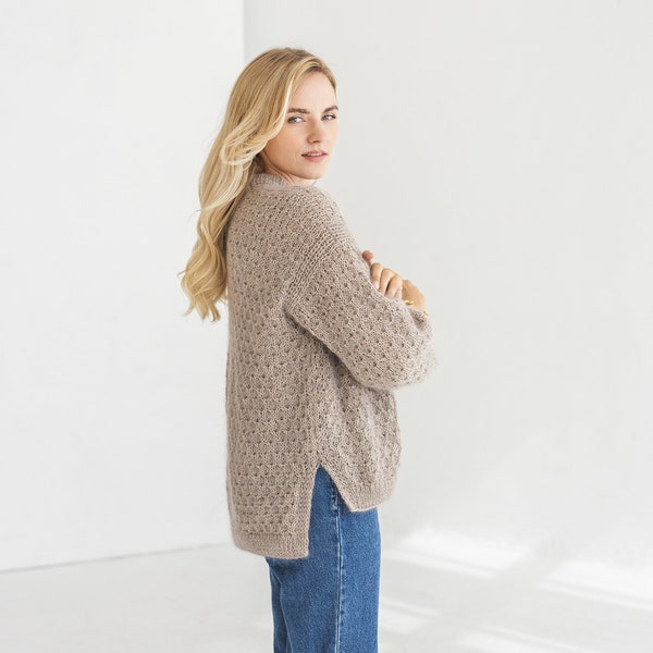 Beige mohair knitted fluffy sweater, wide sleeves, camel pastel longer back alpaca wool jumper, fuzzy thick oversized cable knit pullover