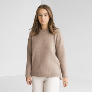 Camel knitted cashmere blend extra fine wool women's jumper, beige knit minimal style pullover with longer back, taupe brown fall sweater
