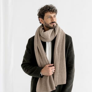 ベージュ XXL エクストラロング リブニット メリノウール 冬用マフラー（男性用）、キャメルニット ミニマル 秋冬 メンズ ネックウォーマー、トープスカーフ（男性へのギフト）