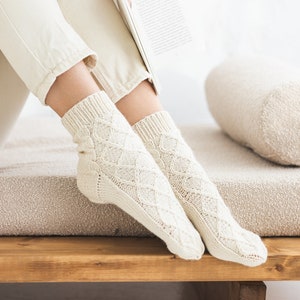 Handmade alpaca and wool socks, women&#39;s cable knit white boots socks with ornaments, knitted woollen socks for woman, gift for mother