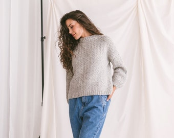 Light Gray Sweater, Soft Cable Knit Jumper, Grey Alpaca Pullover, Chunky Knit Wool Sweater, Balloon Sleeve Pullover In Grey, Knitted Jumper