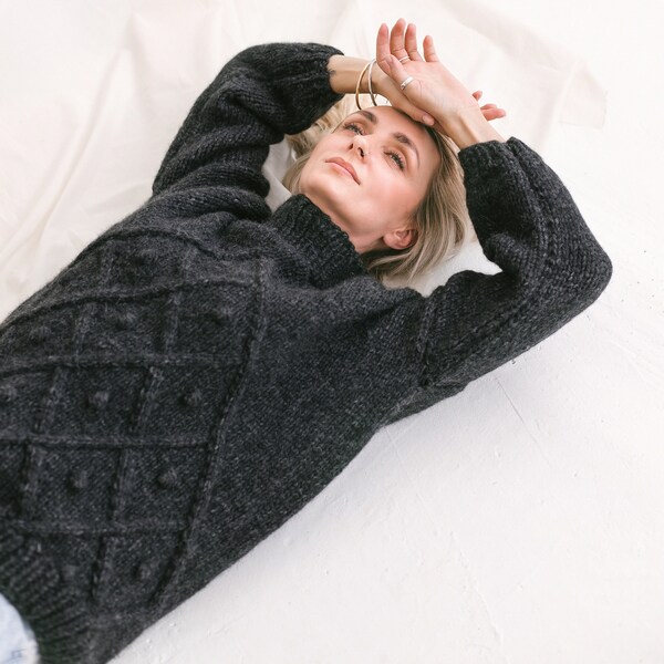 Dark Gray Sweater, Soft Cable Knit Jumper, Grey Alpaca Pullover, Chunky Knit Wool Sweater, Balloon Sleeve Pullover In Grey, Knitted Jumper