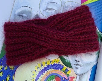 Burgundy knit headband, mohair and alpaca earmuff, winter gift, womens earwarmer, hand knit turban, headnad laine, accessory
