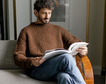 Suéter de lana de alpaca marrón de punto grueso para hombre, jersey de lana de punto con cable para hombre, suéter minimalista de invierno grueso hecho a mano, regalo para un hombre