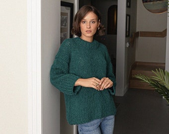 Green Cable Knit Sweater, Relaxed Fit Jumper, Forest Green Alpaca Pullover, Chunky Knit Wool Sweater, Knitted Jumper,Oversized Woman Sweater