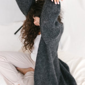 Long Dark Gray Mohair Cardigan, Chunky knit, Oversized Alpaca Wool Sweater, Fuzzy Boho Cardigan, Fluffy Grey Woman Jacket, Balloon Sleeves image 5