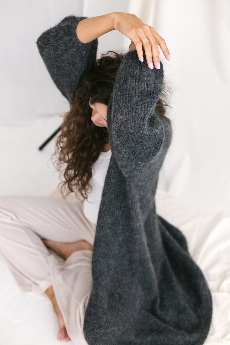 Long Dark Gray Mohair Cardigan, Chunky knit, Oversized Alpaca Wool Sweater, Fuzzy Boho Cardigan, Fluffy Grey Woman Jacket, Balloon Sleeves image 5