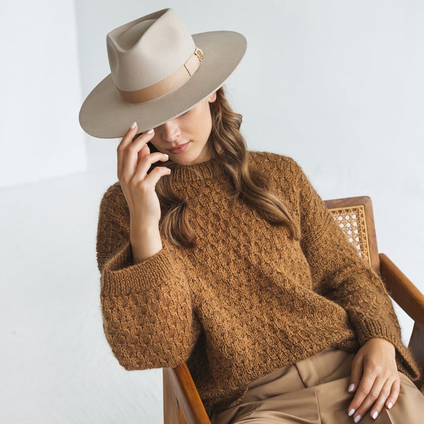 Brown mohair cable knitted thick fluffy sweater, wide sleeves, cinnamon beige longer back alpaca wool jumper, fuzzy oversized knit pullover