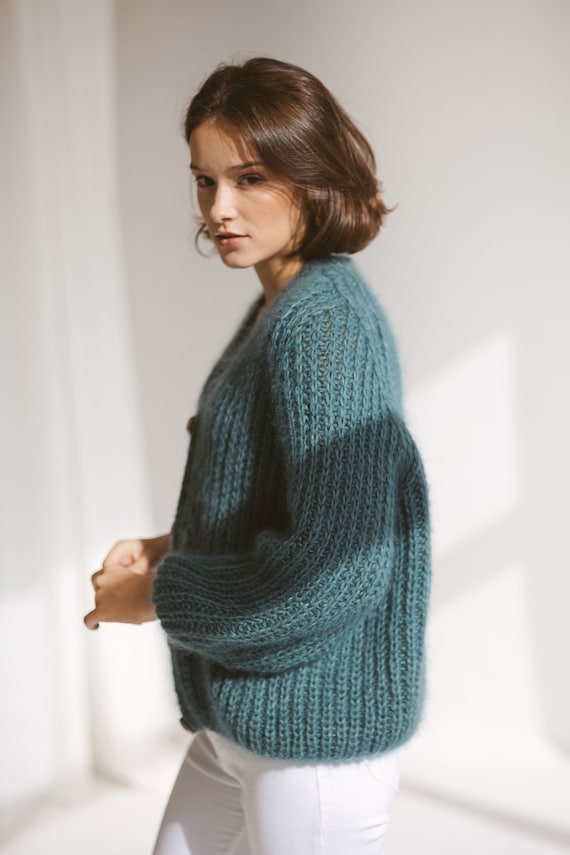 Teal Green Mohair Cardigan With Buttons, Fuzzy Turquoise Blue
