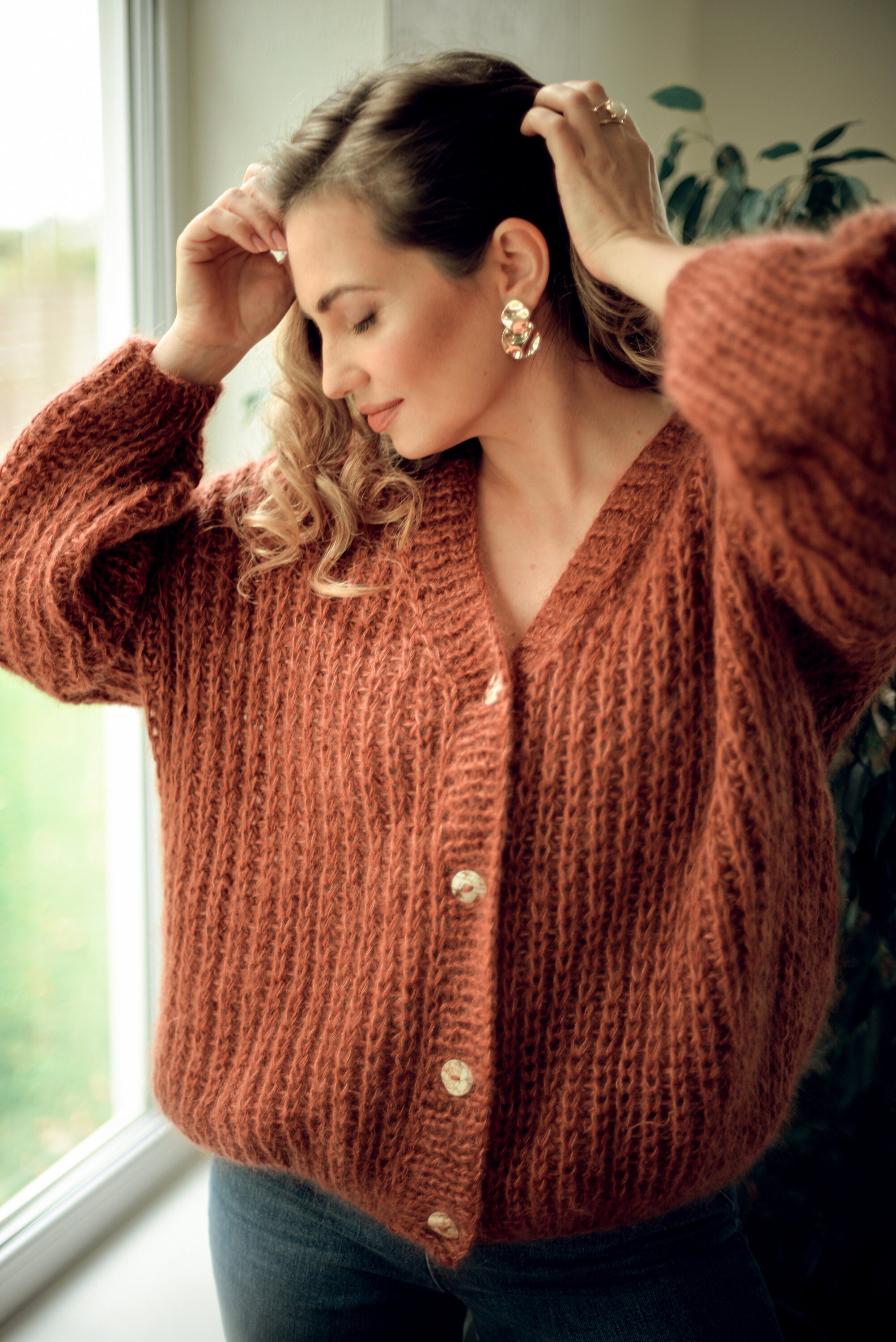Rust Cable Knit Mohair Cardigan, Orange Fluffy Alpaca Blend
