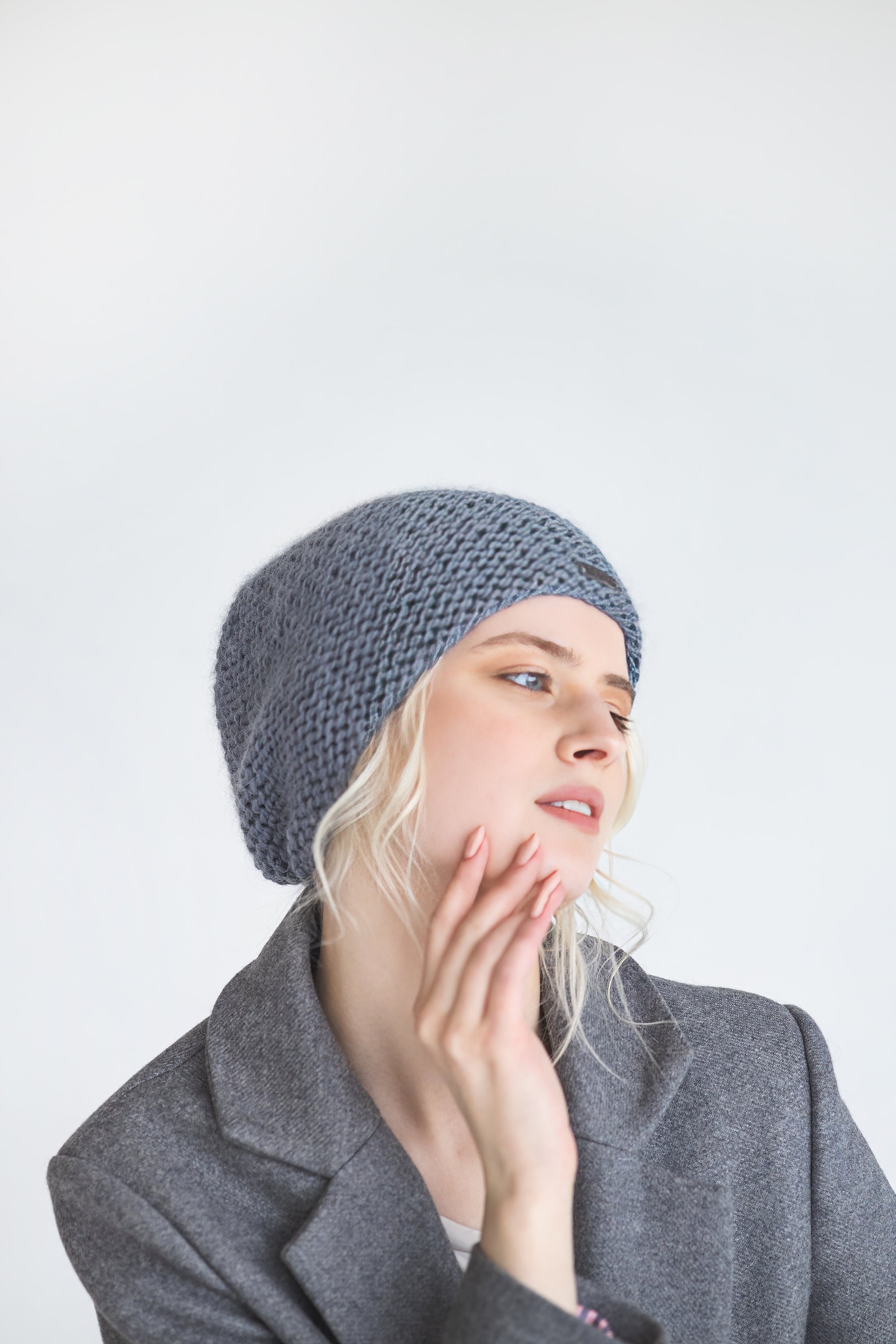 Alpaca Slouchy Knit Beanie Hat - Taupe fleece lined Brown Taupe Cable Knit Alpaca Wool Slouchy Beanie, Mocha  main image 2
