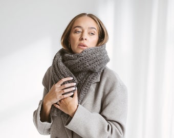 Gray cable knit alpaca scarf, long oversized alpaca scarf, ribbed knit winter scarves, grey cowl scarf, man, woman, unisex, knitted shawl