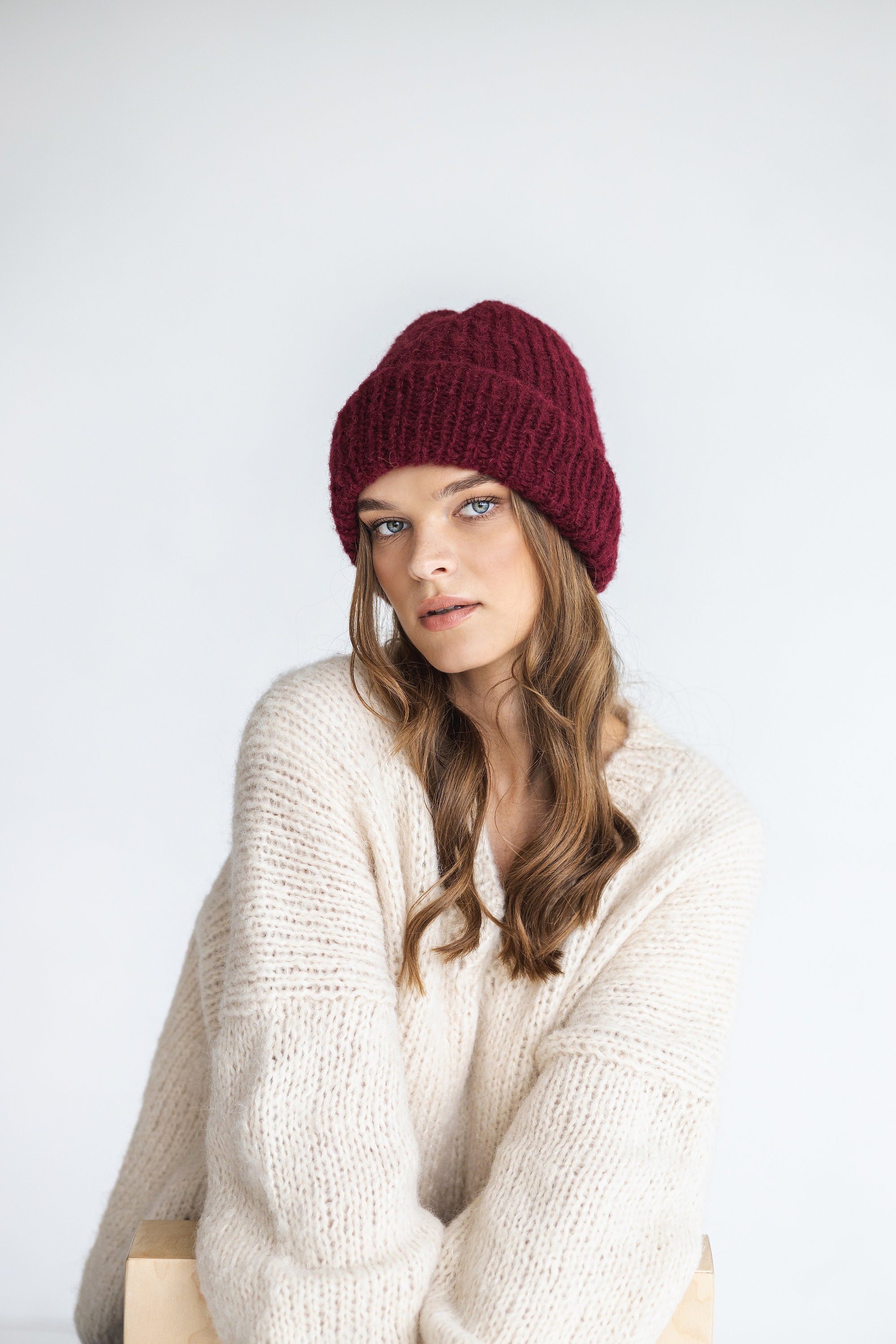 Bordeaux Ribbed Alpaca Beanie, Burgundy Wine Color Women 