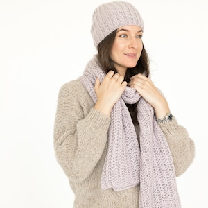 Knit hat and scarf set. Lovely women&#39;s mohair scarf and mohair hat. Fuzzy scarf and slouchy beanie purple hat.