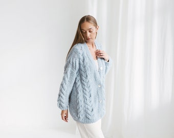 Sky Blue Alpaca Cardigan With Buttons, Light Blue Oversized Cable Knit Buttoned Cardigan, Chunky Knit Loose Alpaca Wool Sweater For Women