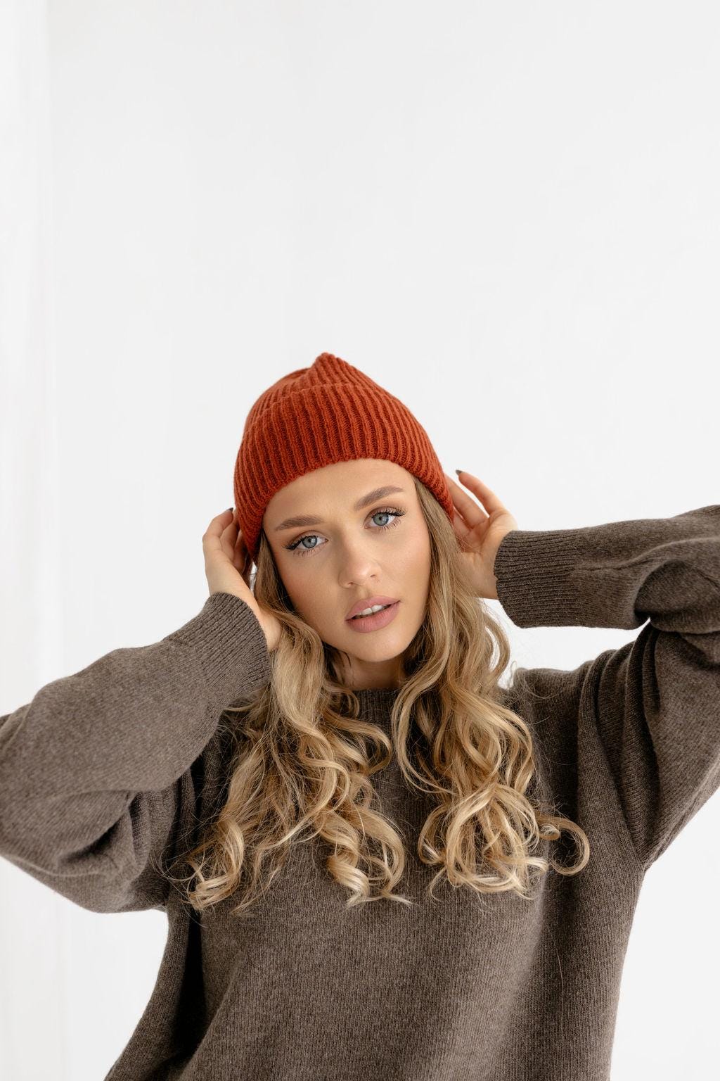 Orange Ribbed Knit Merino Wool Women display picture 1