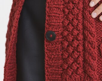 Dark Red Oversized Alpaca Cardigan With Buttons, Burgundy Wine