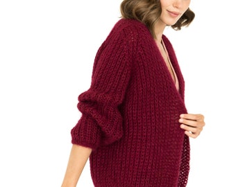 Burgundy color mohair cardigan, cable knit alpaca sweater, chunky knit alpaca cardigan, oversize mohair wool sweater, gift for women