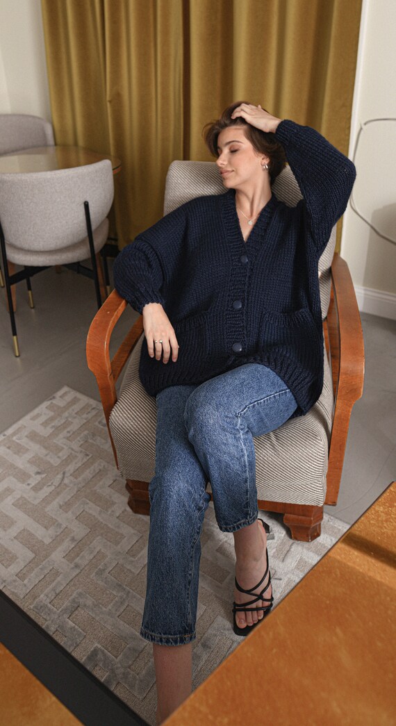 Navy Blue Wool Cardigan With Buttons and Deep Pockets, Chunky Knit
