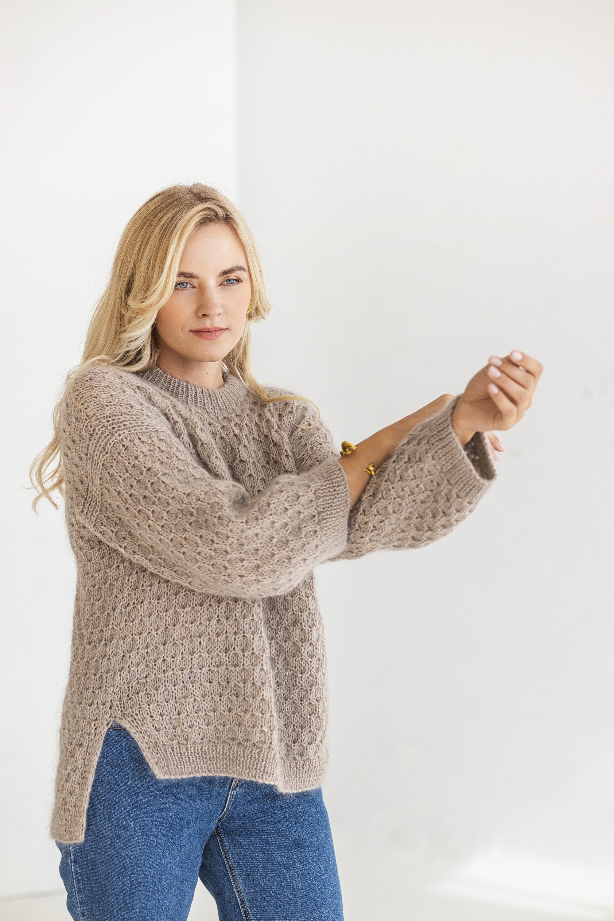 Beige Mohair Knitted Fluffy Sweater, Wide Sleeves, Camel