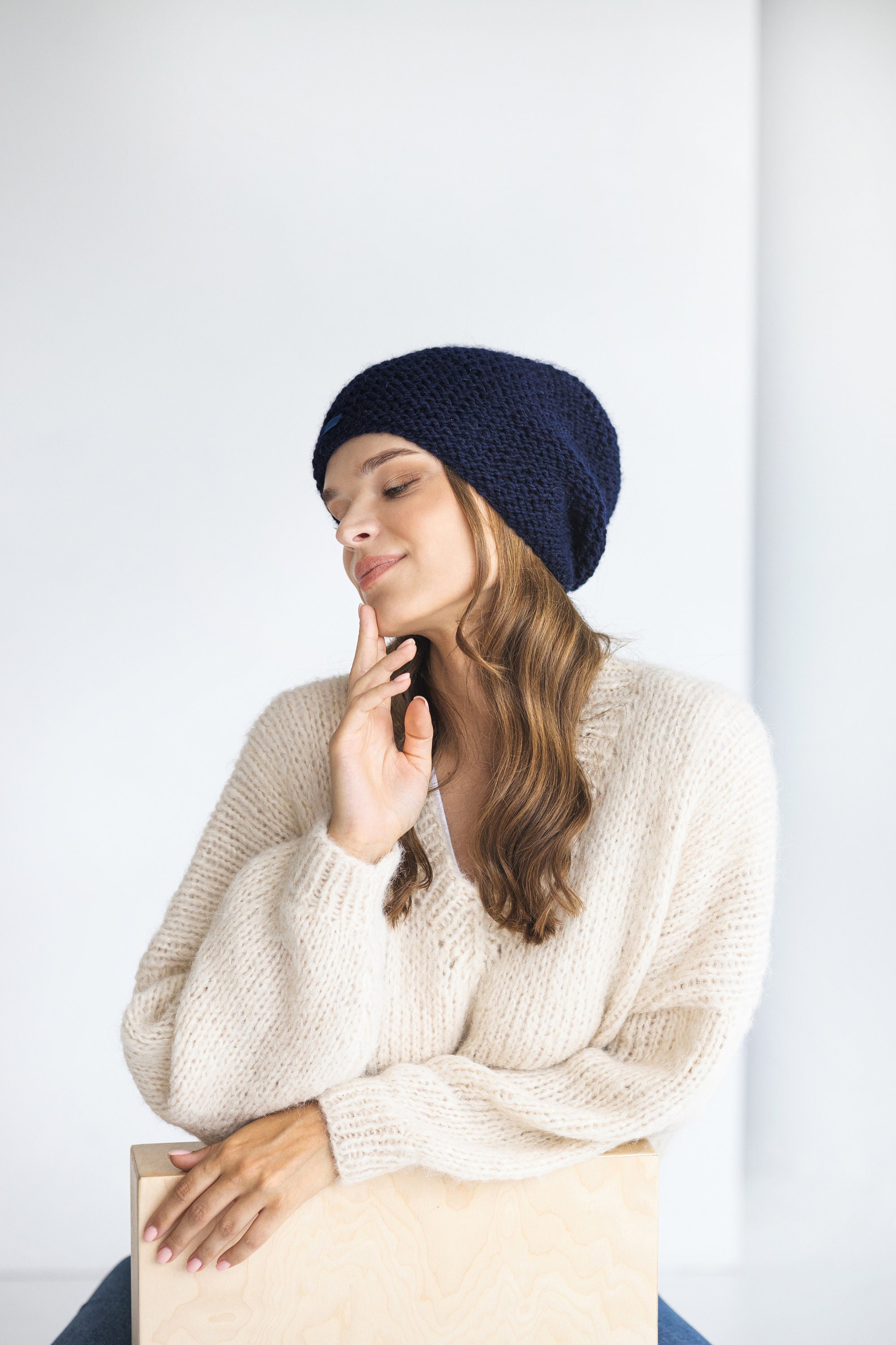 Brown Taupe Cable Knit Alpaca Wool Slouchy Beanie, Mocha  display picture 2