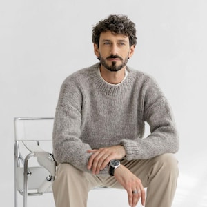 Chunky knit light gray alpaca wool sweater for men, grey cable knitted men&#39;s jumper, handmade thick winter minimalist pullover, gift for man