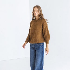 Camel brown mohair knitted fluffy sweater, taupe alpaca wool blend jumper, caramel fuzzy cable knit pullover, slightly oversized thick pull