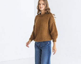 Camel brown mohair knitted fluffy sweater, taupe alpaca wool blend jumper, caramel fuzzy cable knit pullover, slightly oversized thick pull