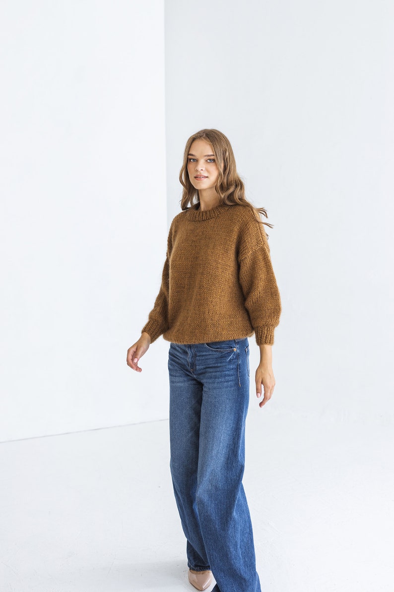 Camel brown mohair knitted fluffy sweater, taupe alpaca wool blend jumper, caramel fuzzy cable knit pullover, slightly oversized thick pull image 1